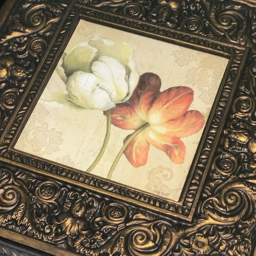 Pair Of Peonies Matted Framed Pictures~Antique Bronze & Brown Frames~Traditional